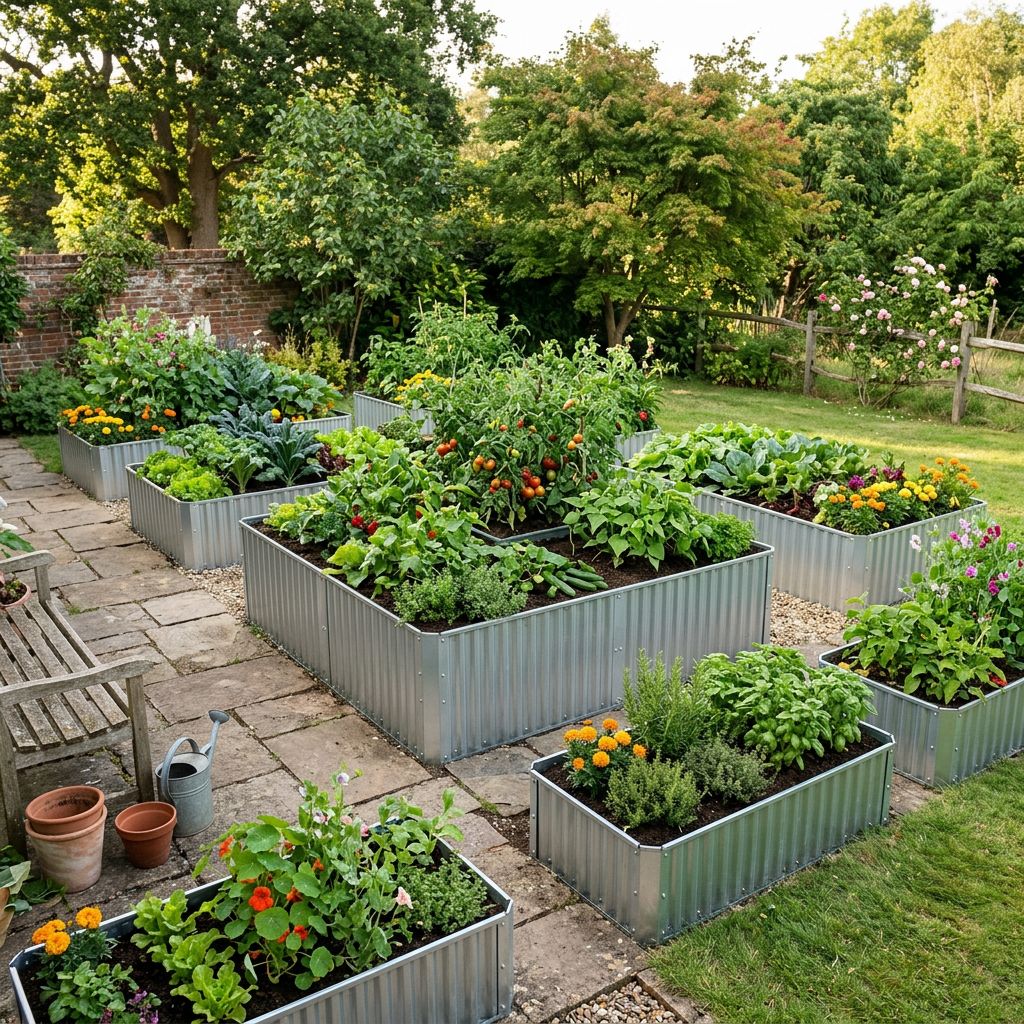 Steel raised garden beds with vegetables growing